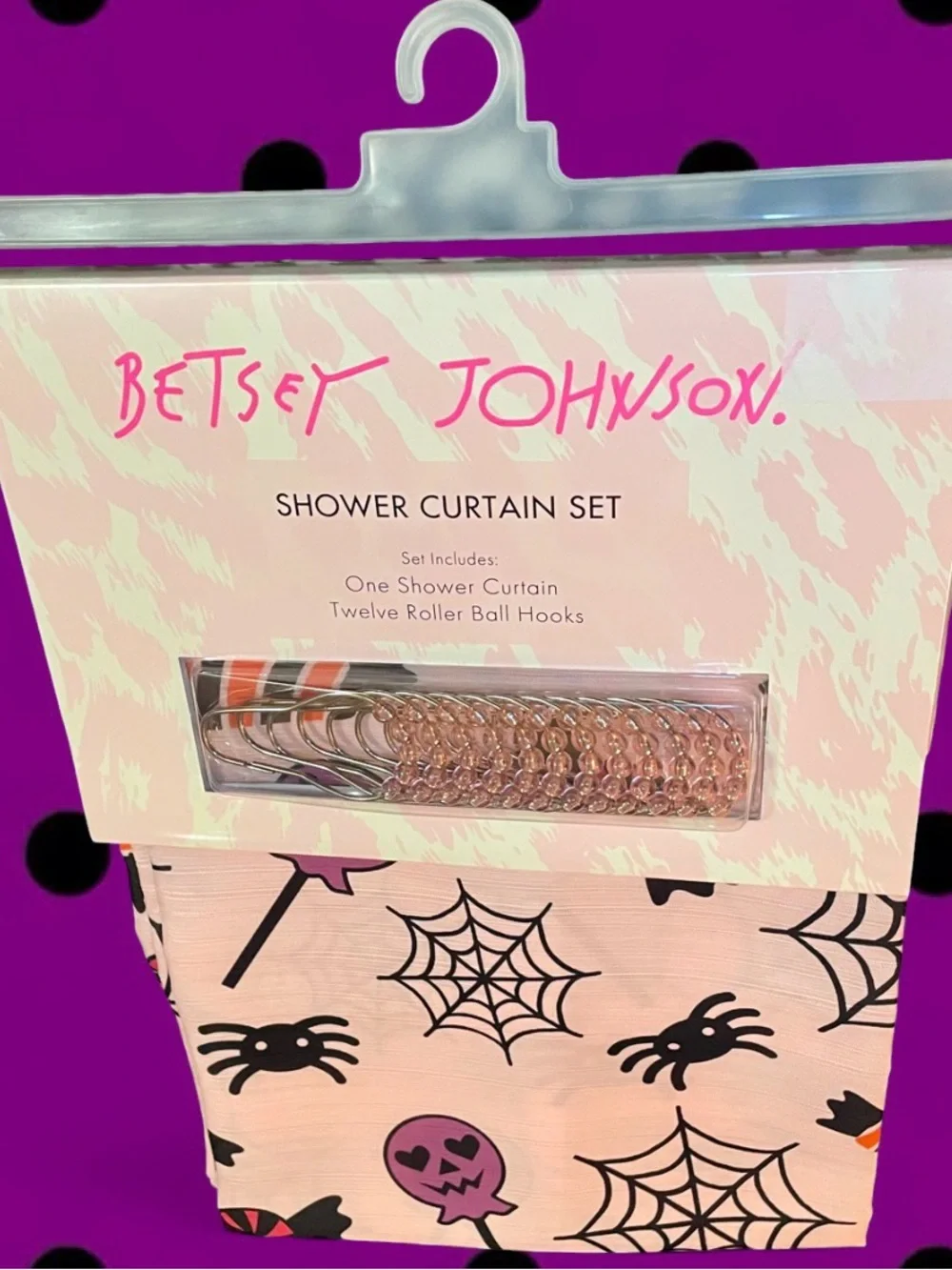 NWT Betsey Johnson Pink Halloween Spooky Spider & Candy Shower Curtain Set